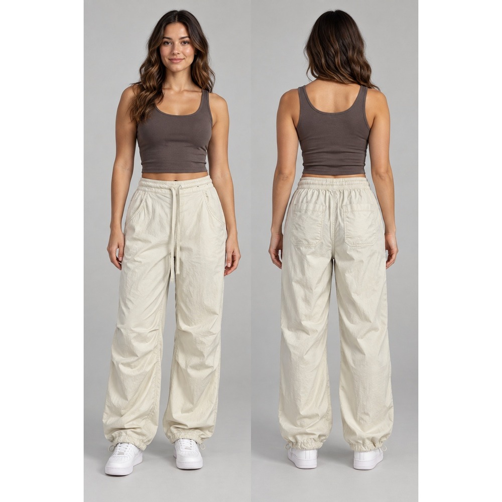 Hollister Parachute Baggy Pants Women XS Cream Adjustable Rise Cinch Hem 8479